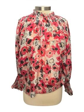 Chufy Smocked Floral Split Collar Silk Top